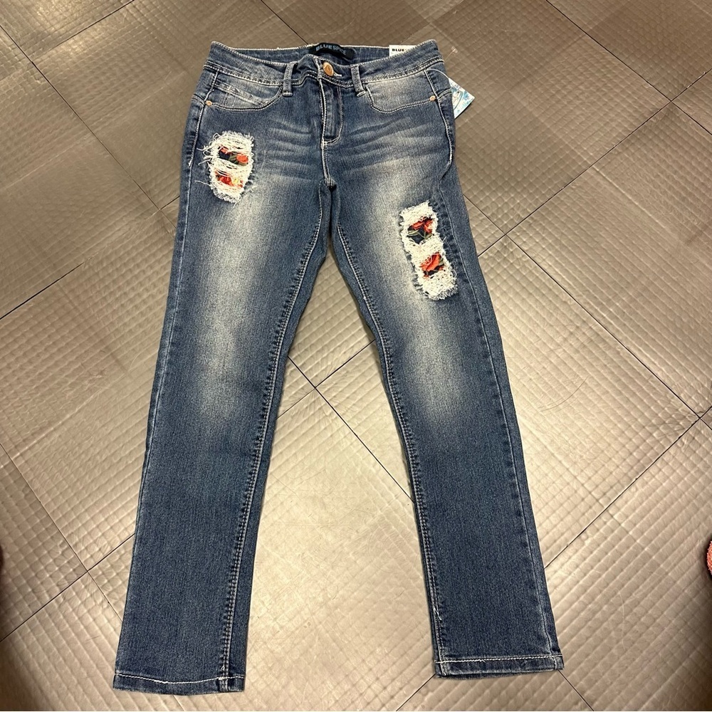 BLUE SPICE GIRLS JEANS SIZE 10 ANKLE ROSE PATTERN PATCHES NEW